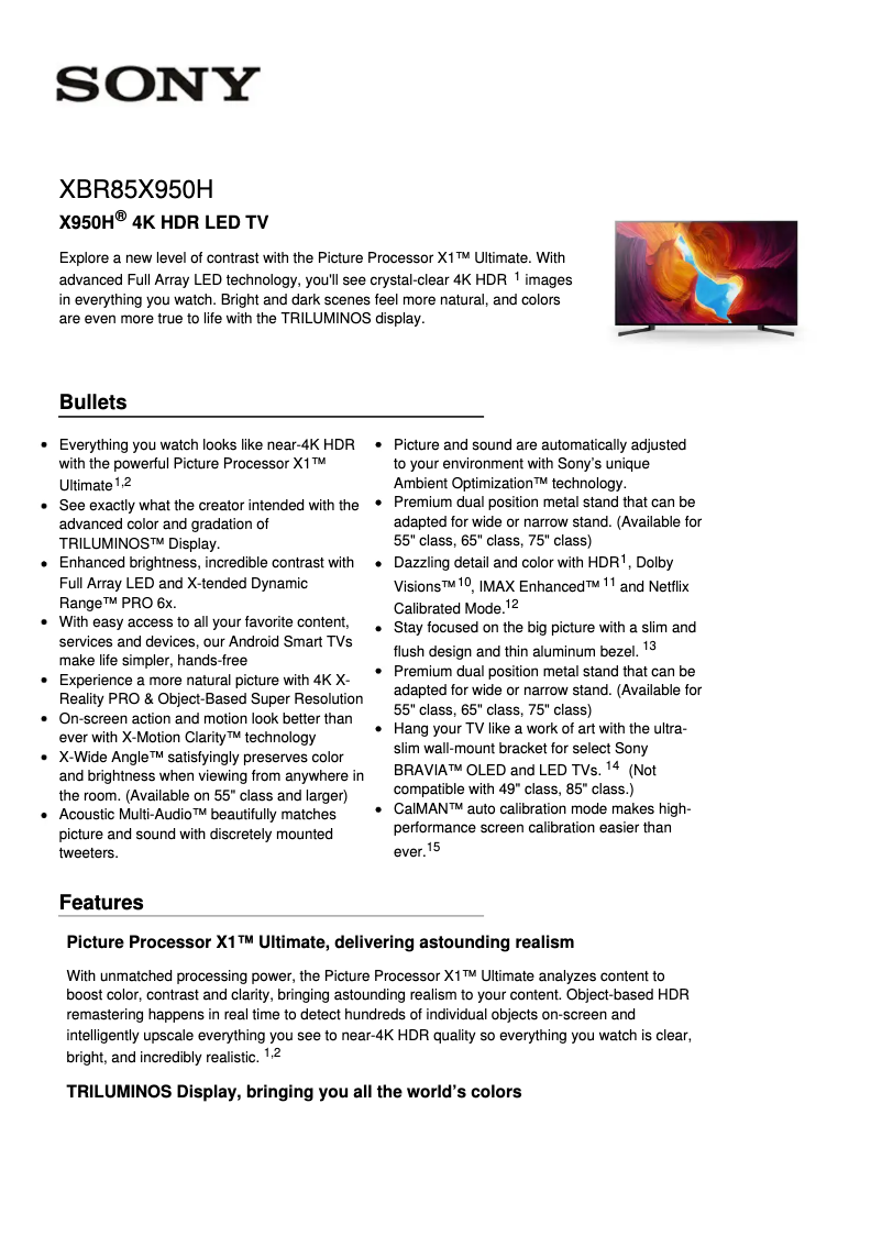 Image de la première page du manuel de l'appareil XBR85X950H