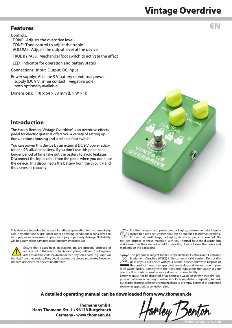 Página 1 del manual Ficha técnica Harley Benton Vintage Overdrive