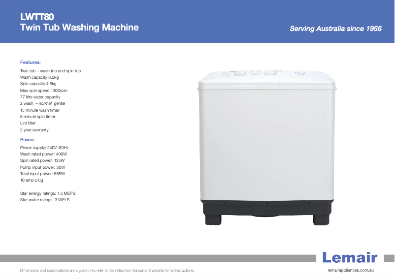 Page 1 de la notice Fiche technique Lemair LWTT80