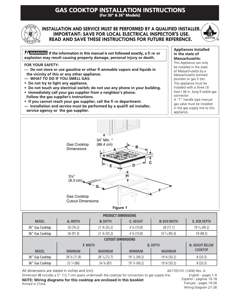 Page n°1 - Guide d'installation Frigidaire FPGC3077RS