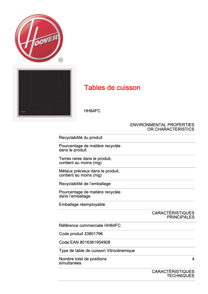 Page 1 de la notice Fiche technique Hoover HH64FC