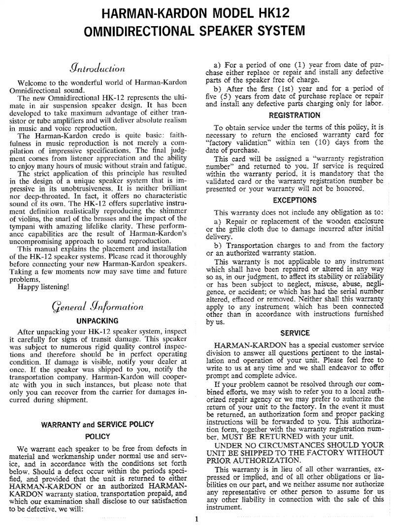 Page n°1 - Manuel utilisateur Harman Kardon HK12