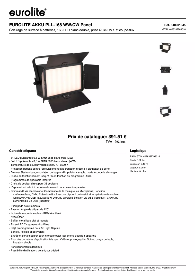 Page 1 de la notice Fiche technique Eurolite AKKU PLL-168