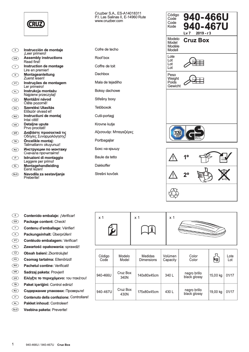Página 1 del manual Instrucciones / montaje Cruz Box 430N