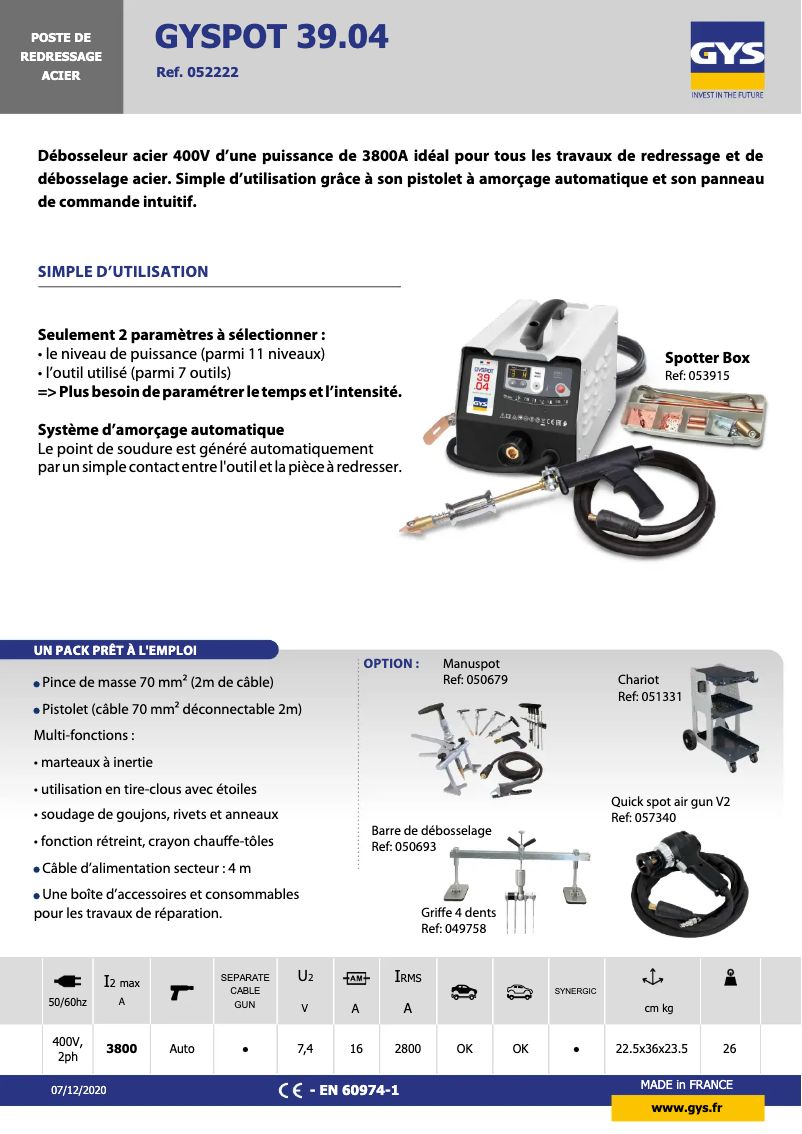 Page 1 de la notice Fiche technique GYS Gyspot 3904