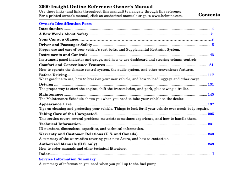 Page 1 de la notice Manuel utilisateur Honda Insight (2000)