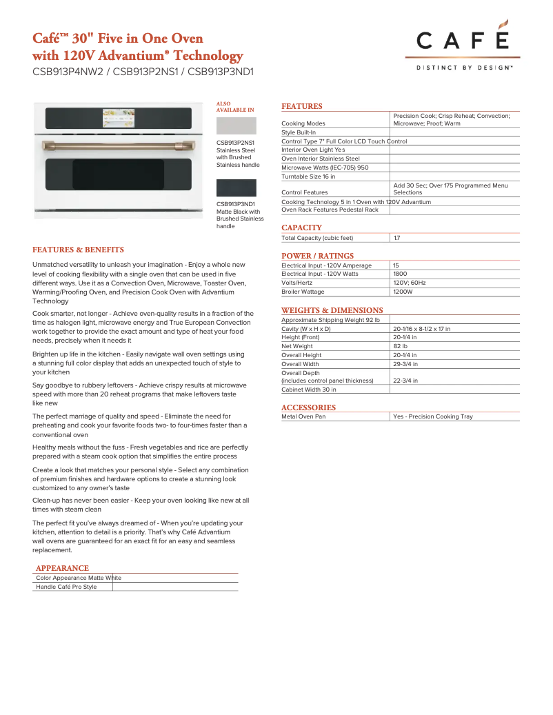 Page n°1 - Fiche technique GE Café CSB913P2NS1