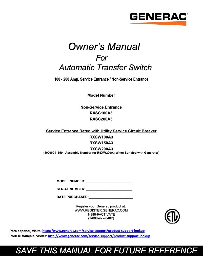 Page 1 de la notice Manuel utilisateur Generac RXSW200A3