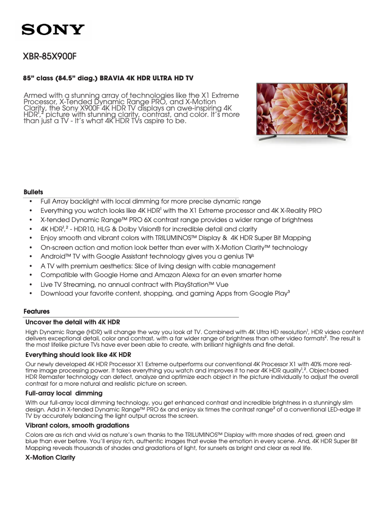 Page 1 de la notice Fiche technique Sony XBR-85X900F