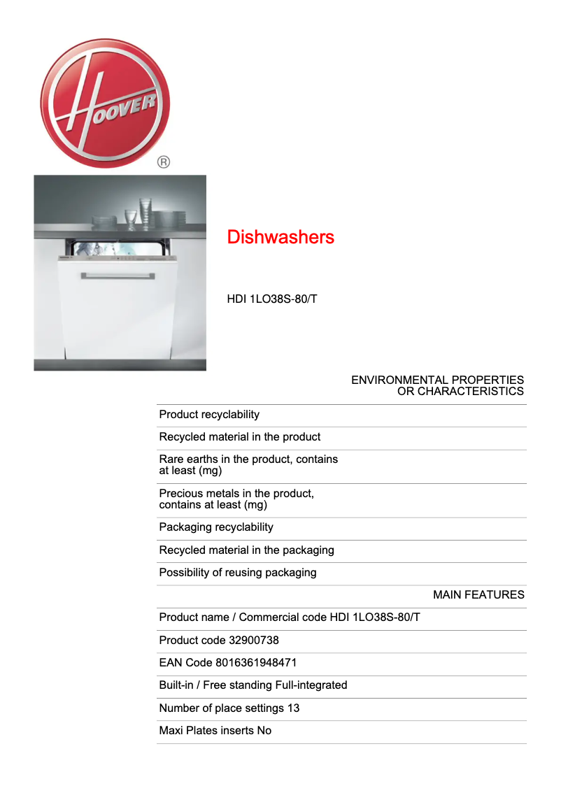 Page n°1 - Fiche technique Hoover HDI 1LO38S-80/T