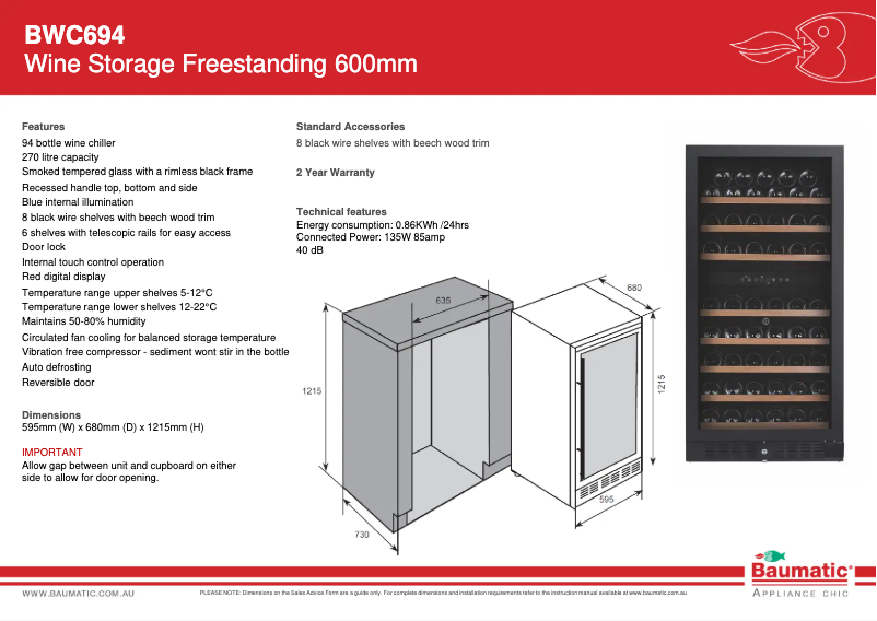 Page 1 de la notice Fiche technique Baumatic BWC694