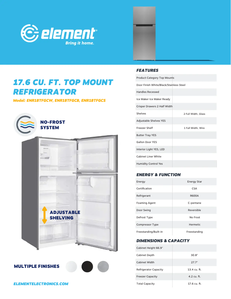 Page 1 de la notice Fiche technique Element ENR18TFGC