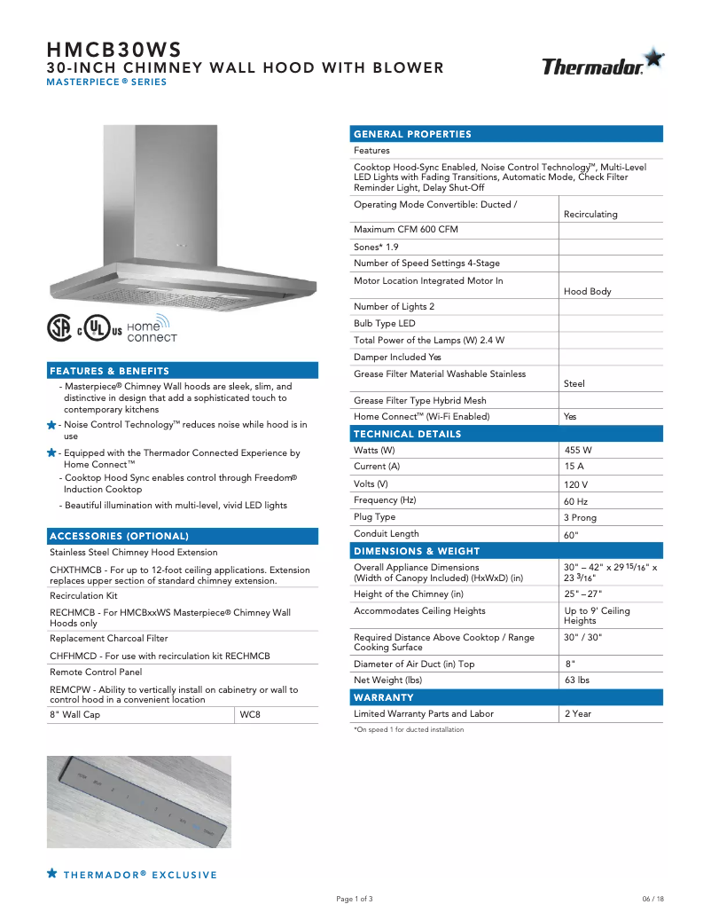 Page 1 de la notice Fiche technique Thermador HMCB30WS