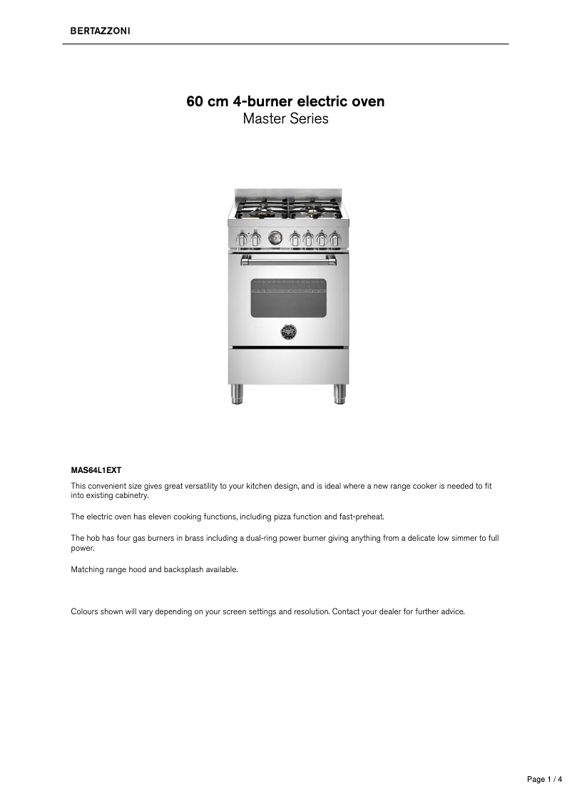 Page 1 de la notice Fiche technique Bertazzoni MAS64L1EXT