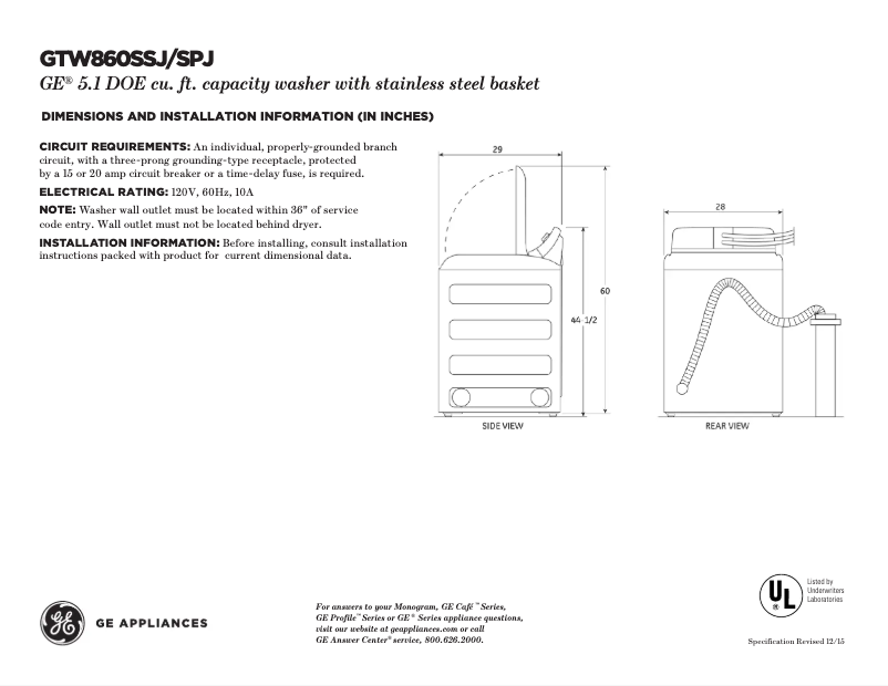 Page 1 de la notice Fiche technique GE GTW860SPJMC