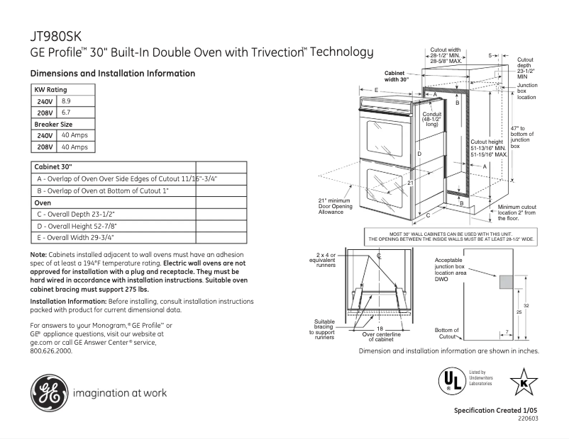 Page 1 de la notice Fiche technique GE JT980SKSS