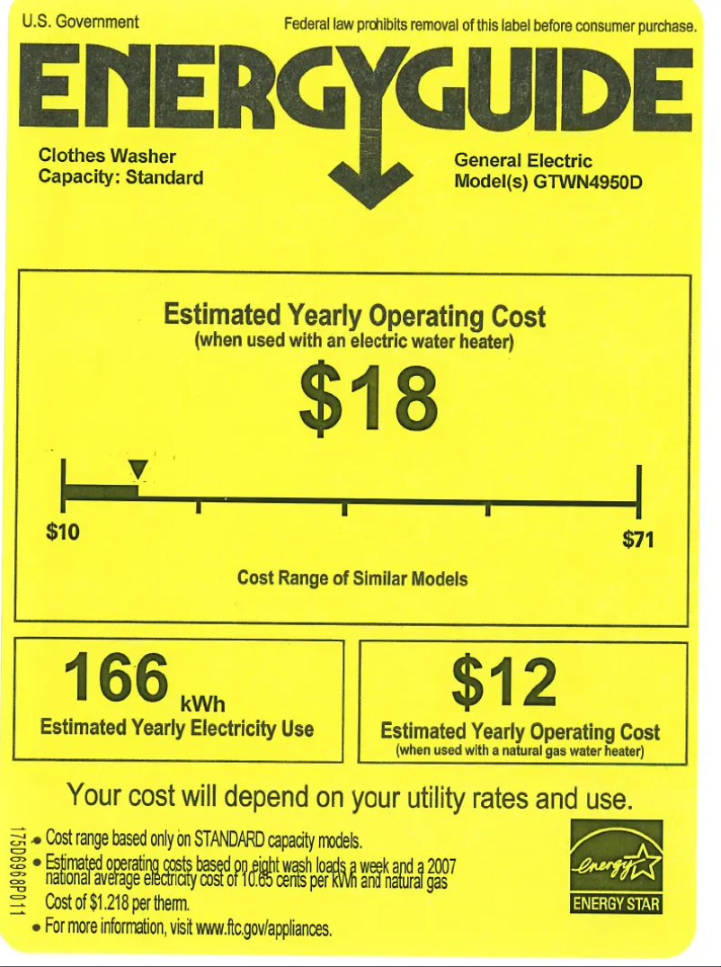 Page 1 de la notice Label énergétique GE GTWN4950DWS