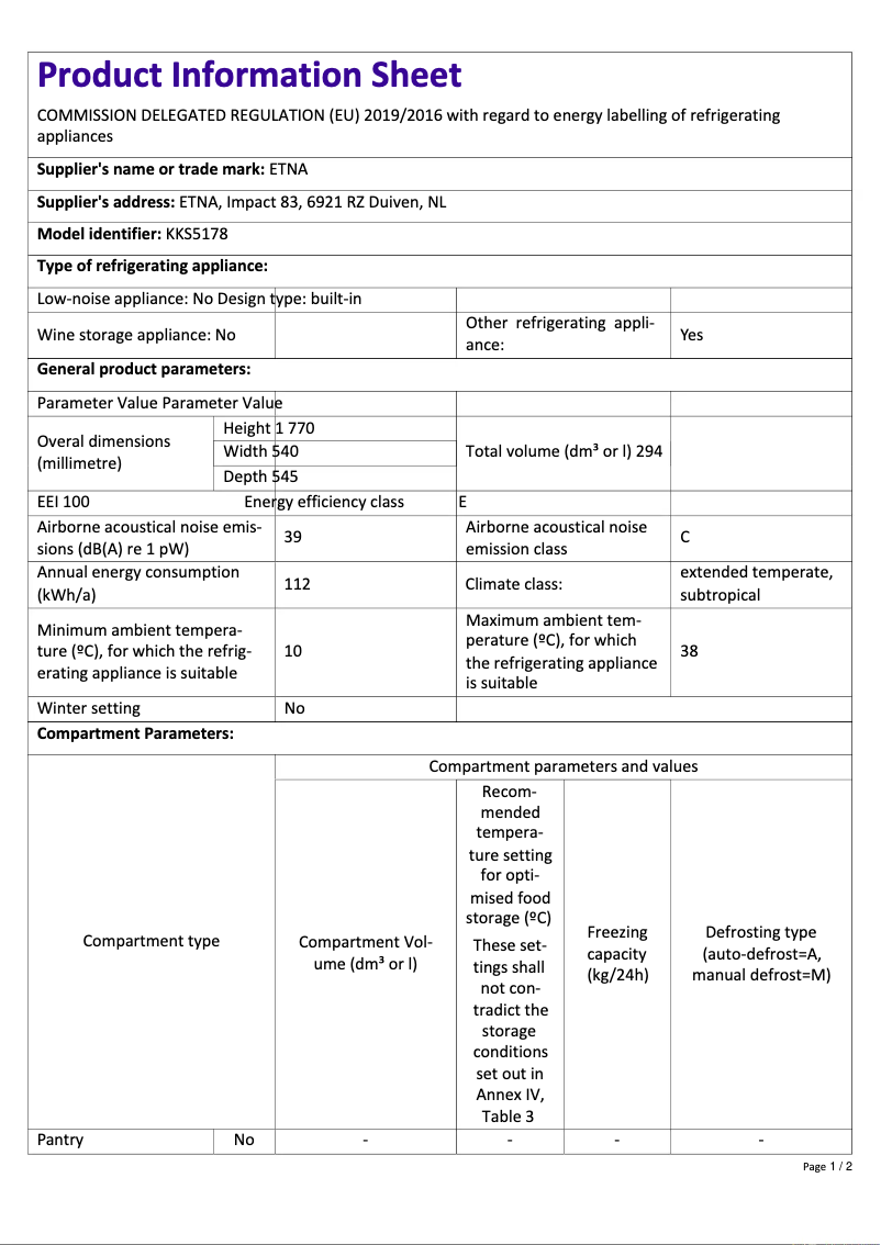 Page 1 de la notice Fiche technique Etna KKS5178