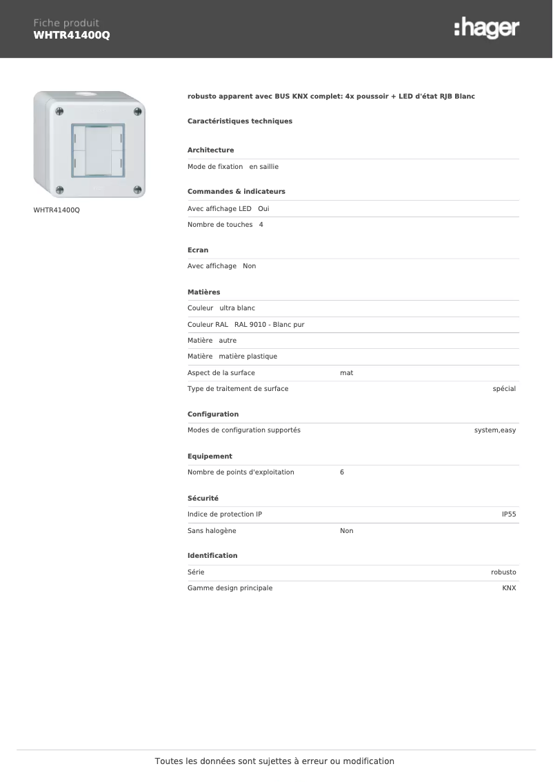 Image de la première page du manuel de l'appareil WHTR41400Q