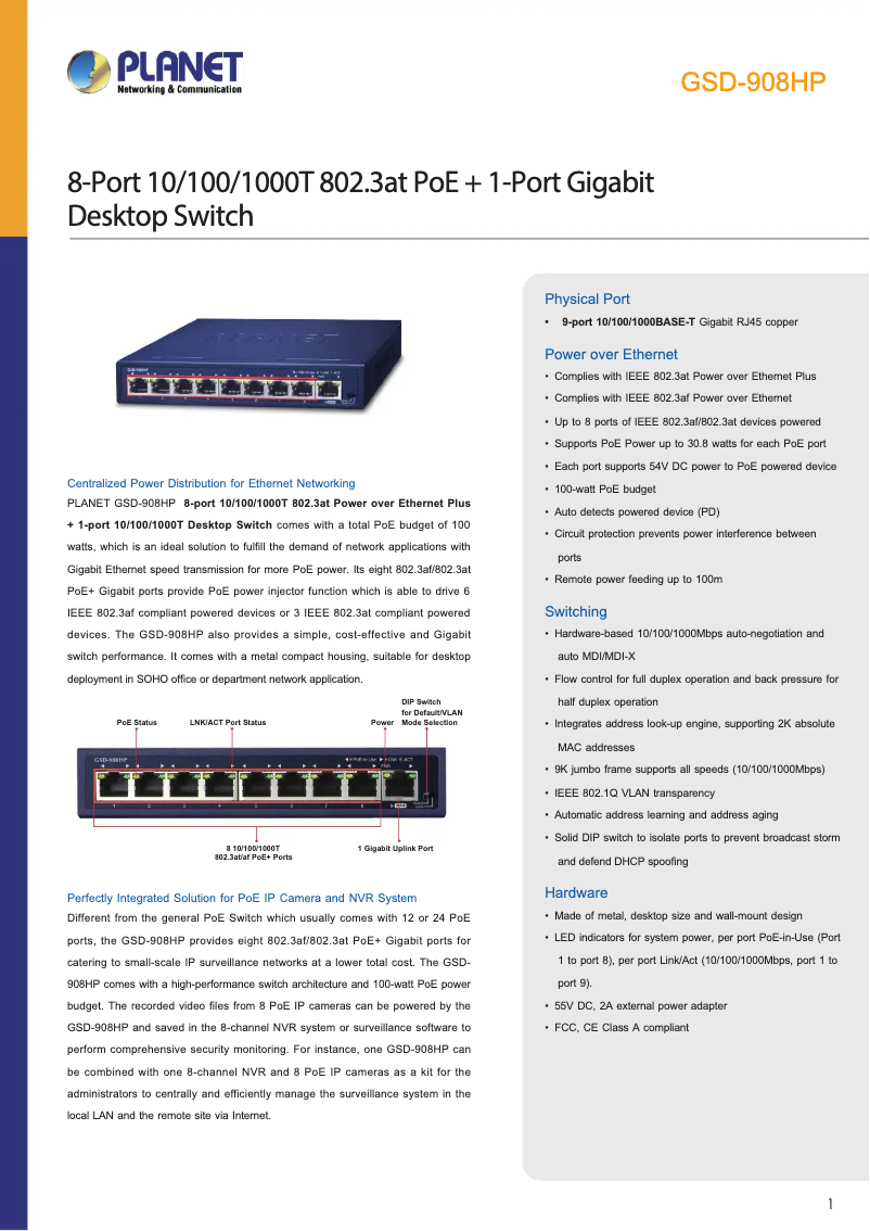 Page n°1 - Fiche technique Planet GSD-908HP