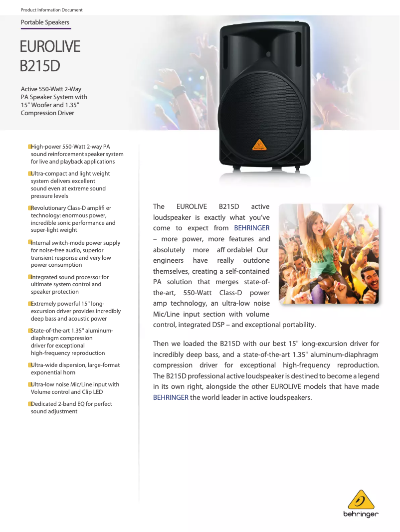 Page n°1 - Fiche technique Behringer Eurolive B215D