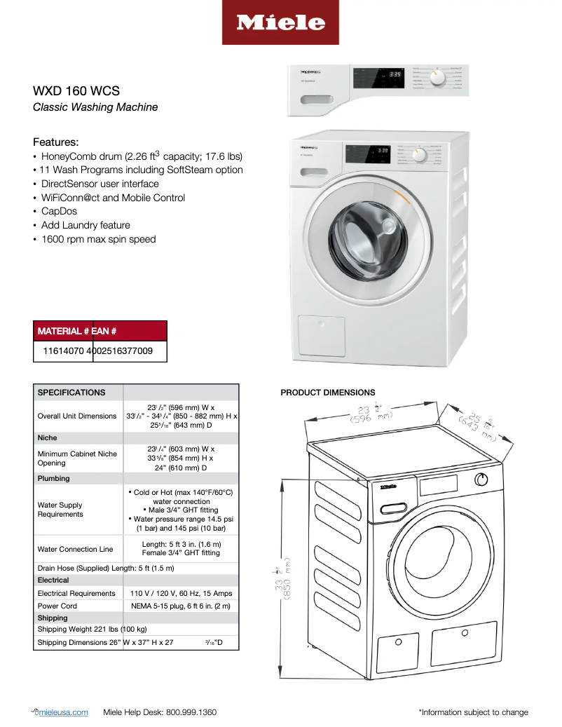 Page n°1 - Fiche technique Miele WXD 160 WCS W1
