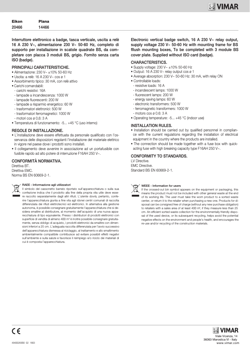 Page n°1 - Manuel utilisateur Vimar 14466.SL