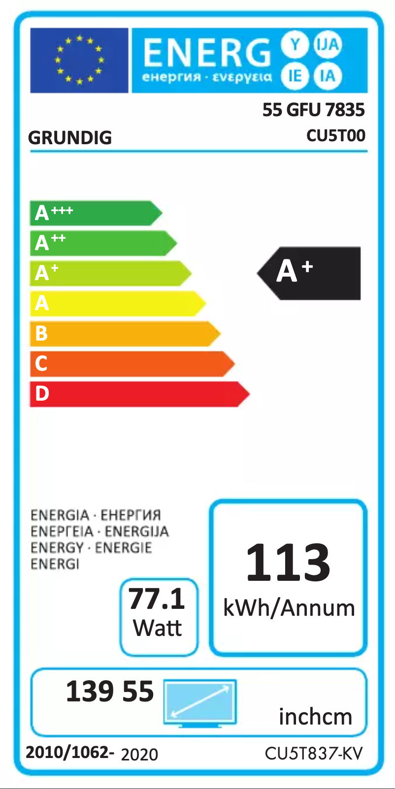Page 1 de la notice Label énergétique Grundig 55 GFU 7835