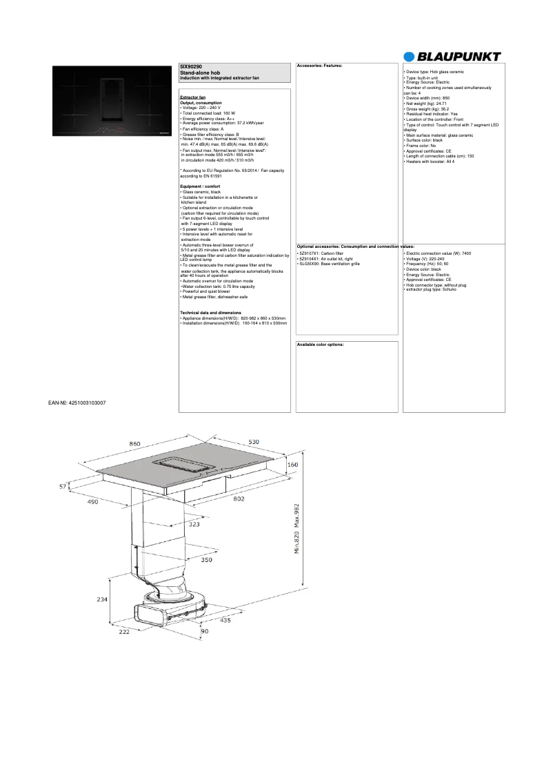 Page 1 de la notice Fiche technique Blaupunkt 5IX90290