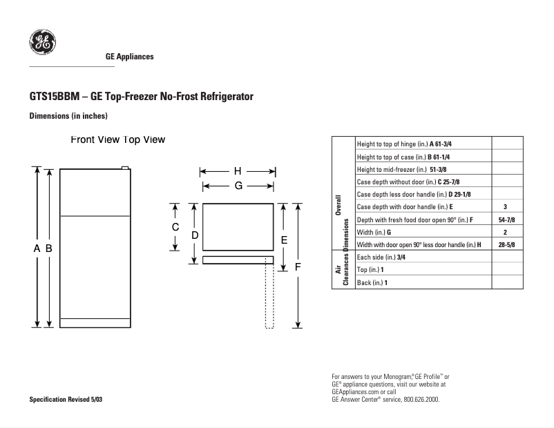 Page 1 de la notice Fiche technique GE GTS15BBMRCC