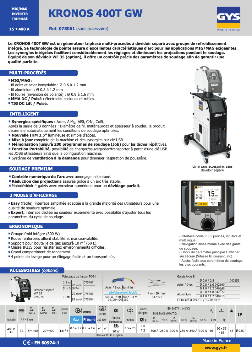 Page 1 de la notice Fiche technique GYS Kronos 400T GW