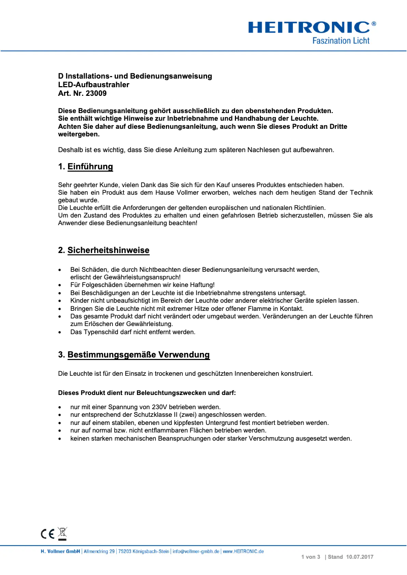 Page 1 de la notice Manuel utilisateur Heitronic 23009