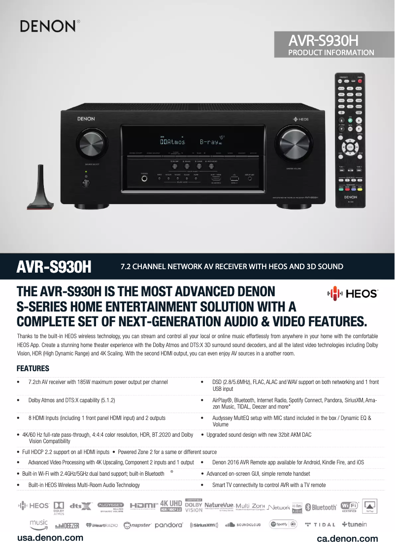 Page 1 de la notice Fiche technique Denon AVR-S930H