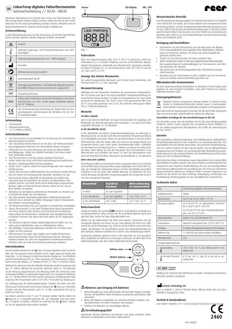 Page 1 de la notice Manuel utilisateur Reer ColourTemp 98030