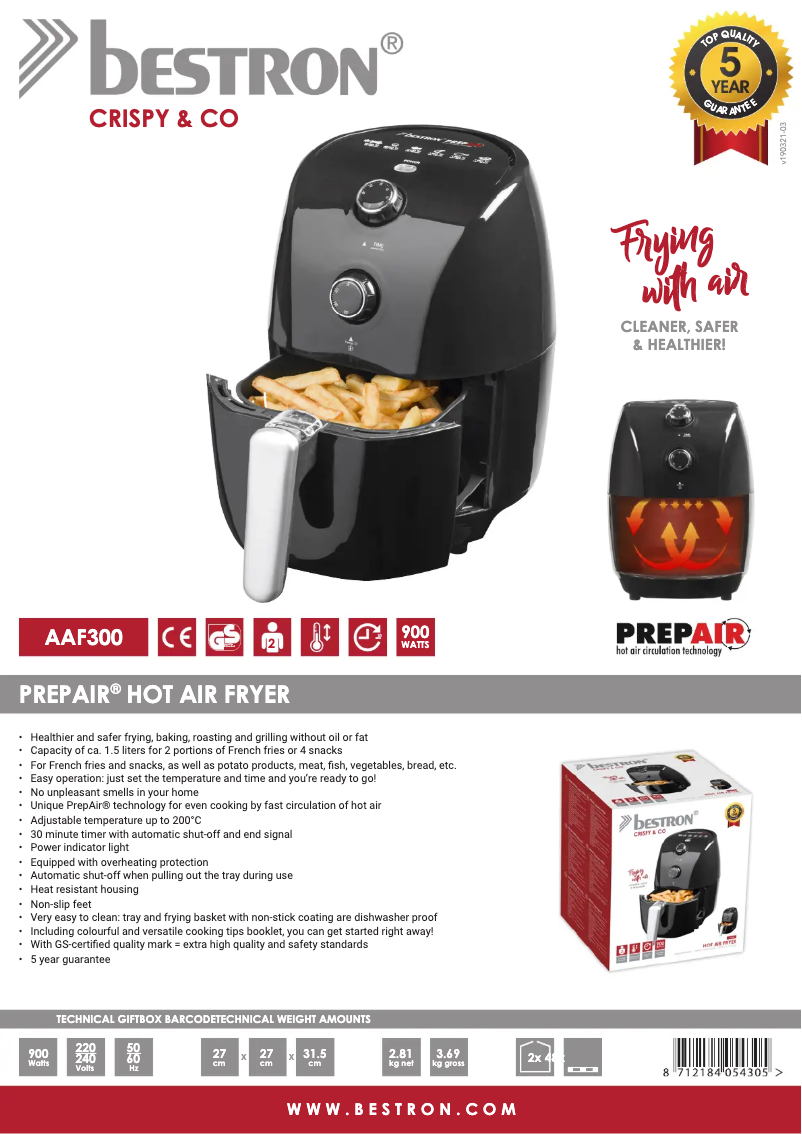 Page 1 de la notice Fiche technique Bestron PrepAir AAF300
