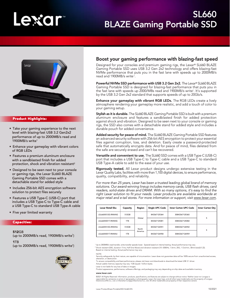 Page n°1 - Manuel utilisateur Lexar SL660