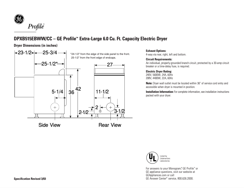 Page n°1 - Fiche technique GE Profile DPXB515EBCC