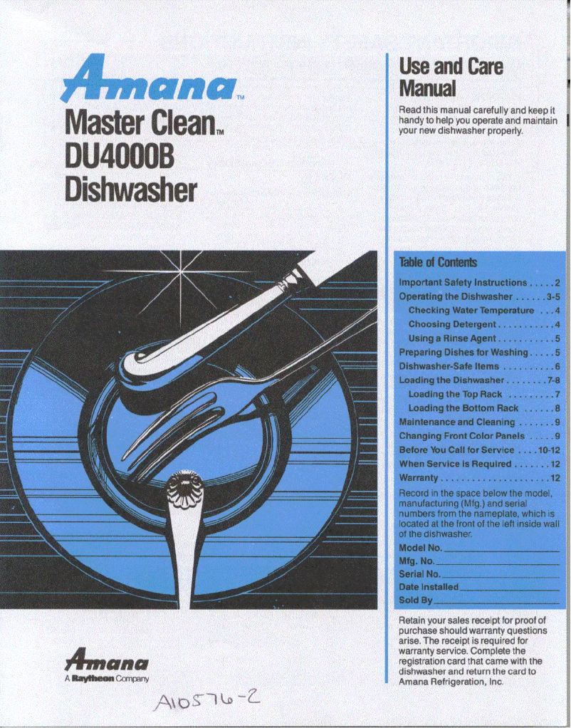 Page n°1 - Manuel utilisateur Amana Master Clean DU4000B