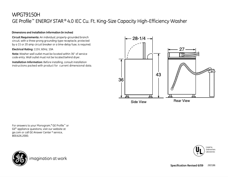 Page 1 of the manual Technical Sheet GE WPGT9150HMG