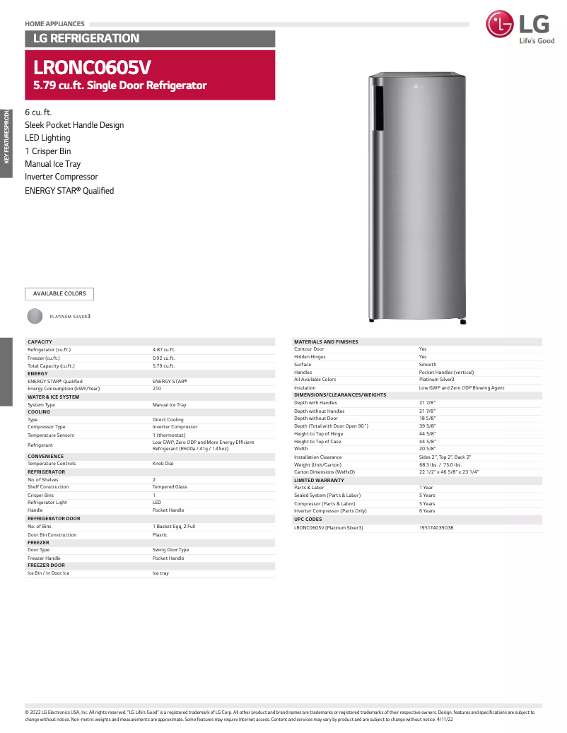 Page 1 de la notice Fiche technique LG LRONC0605V