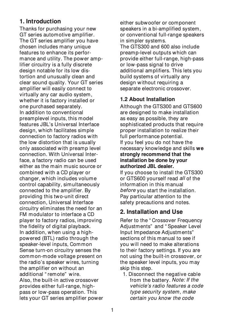 Page n°1 - Manuel utilisateur JBL Grand Touring GTS300