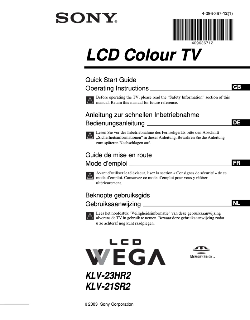 Image de la première page du manuel de l'appareil Wega KLV-21SR2