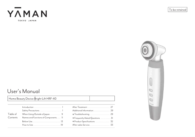 Page 1 de la notice Manuel utilisateur YA-MAN Bright Lift