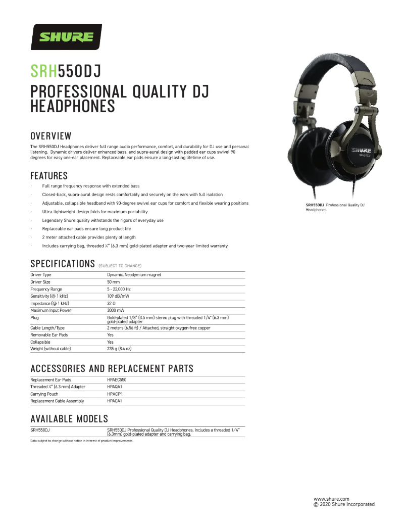 Page 1 de la notice Fiche technique Shure SRH550DJ