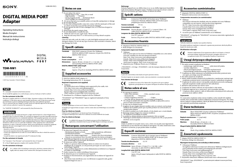 Page n°1 - Manuel utilisateur Sony TDM-NW1