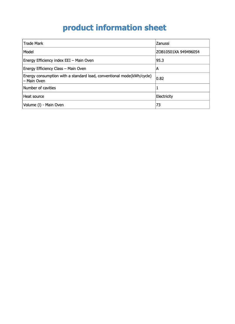 Page 1 de la notice Fiche technique Zanussi ZOB10501XA