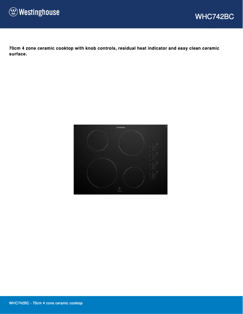 Page 1 de la notice Fiche technique Westinghouse WHC742BC