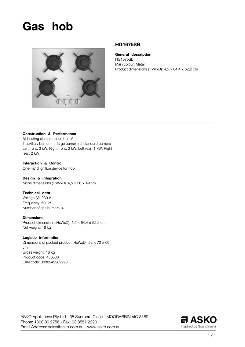 Page n°1 - Fiche technique Asko Gas hob