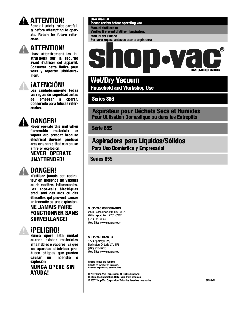 Page 1 de la notice Manuel utilisateur Shop-Vac 85S200