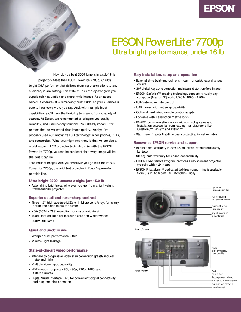 Page 1 de la notice Fiche technique Epson PowerLite 7700p